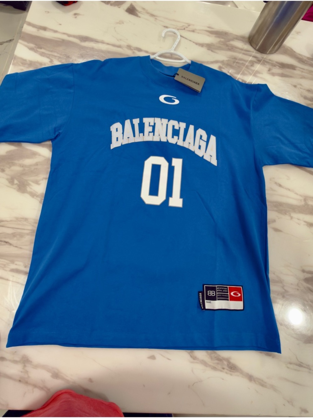 Balenciaga Blue Graphic '01' Tee with White Logo large oversized luxe XL